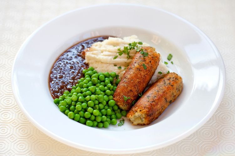 Vegetarian Sausage and Mash and Peas